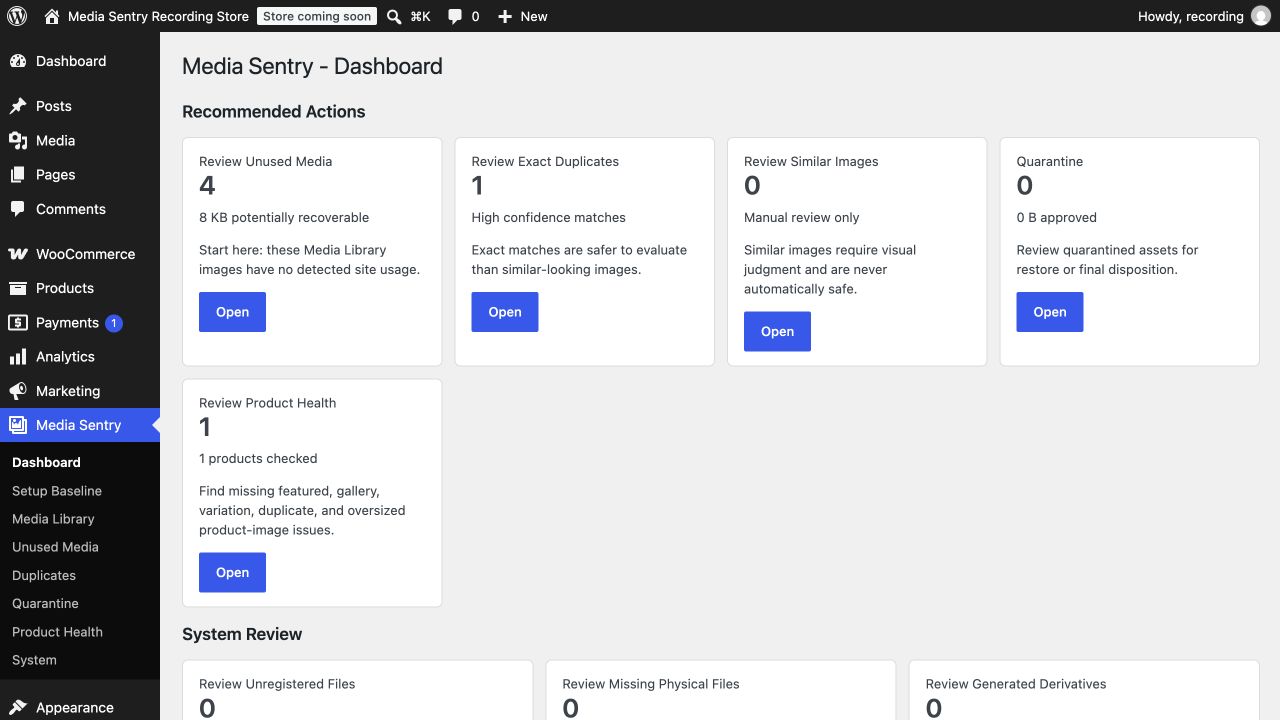 Media Sentry dashboard in a synthetic demo store, with unused-media, duplicate, quarantine, and product-health review actions