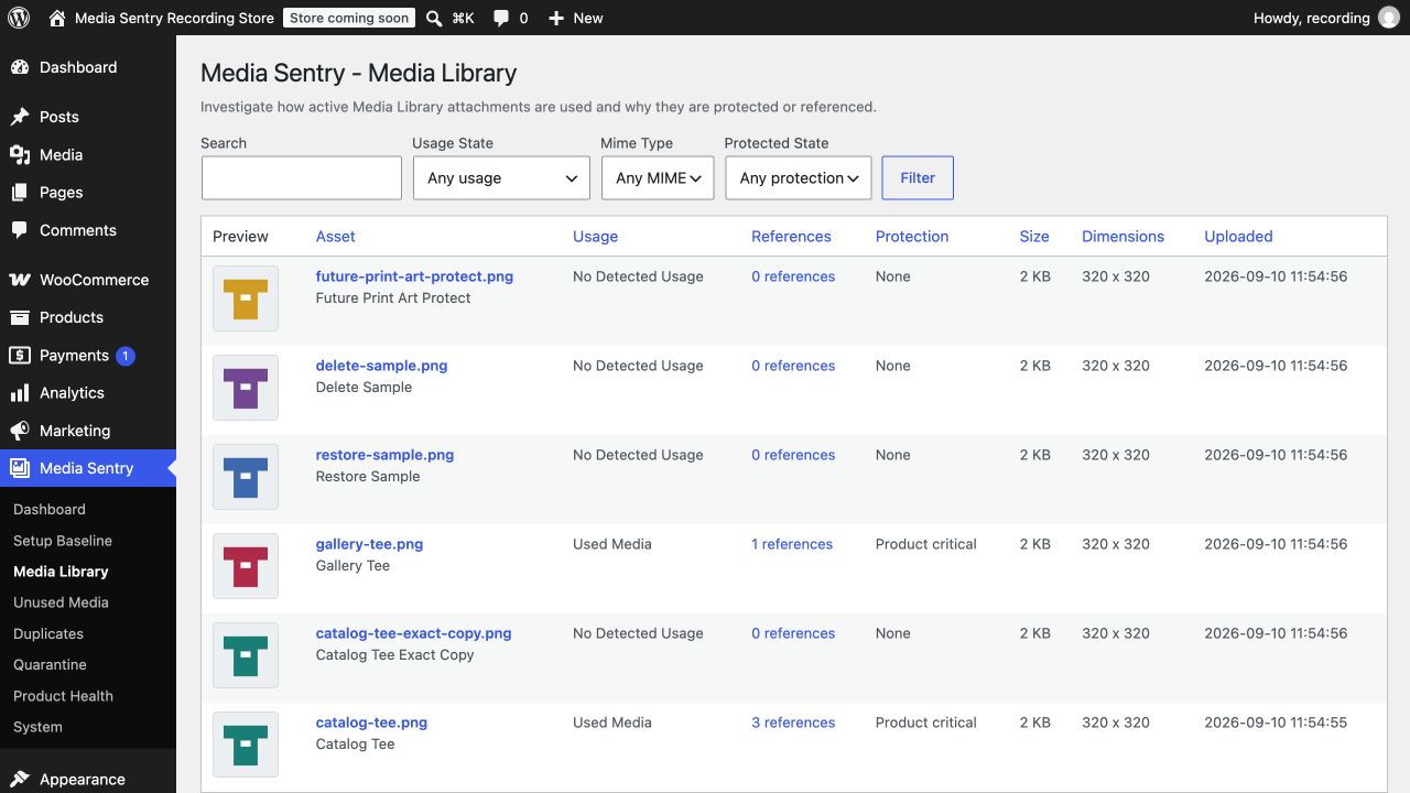Media Sentry Media Library listing six synthetic demo images with usage, reference counts, and protection status