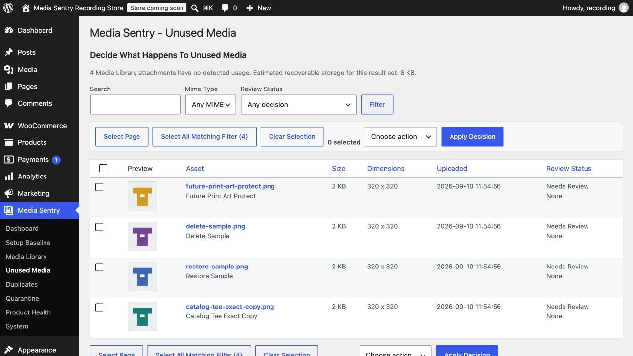 Media Sentry Unused Media review with four synthetic demo images and review controls
